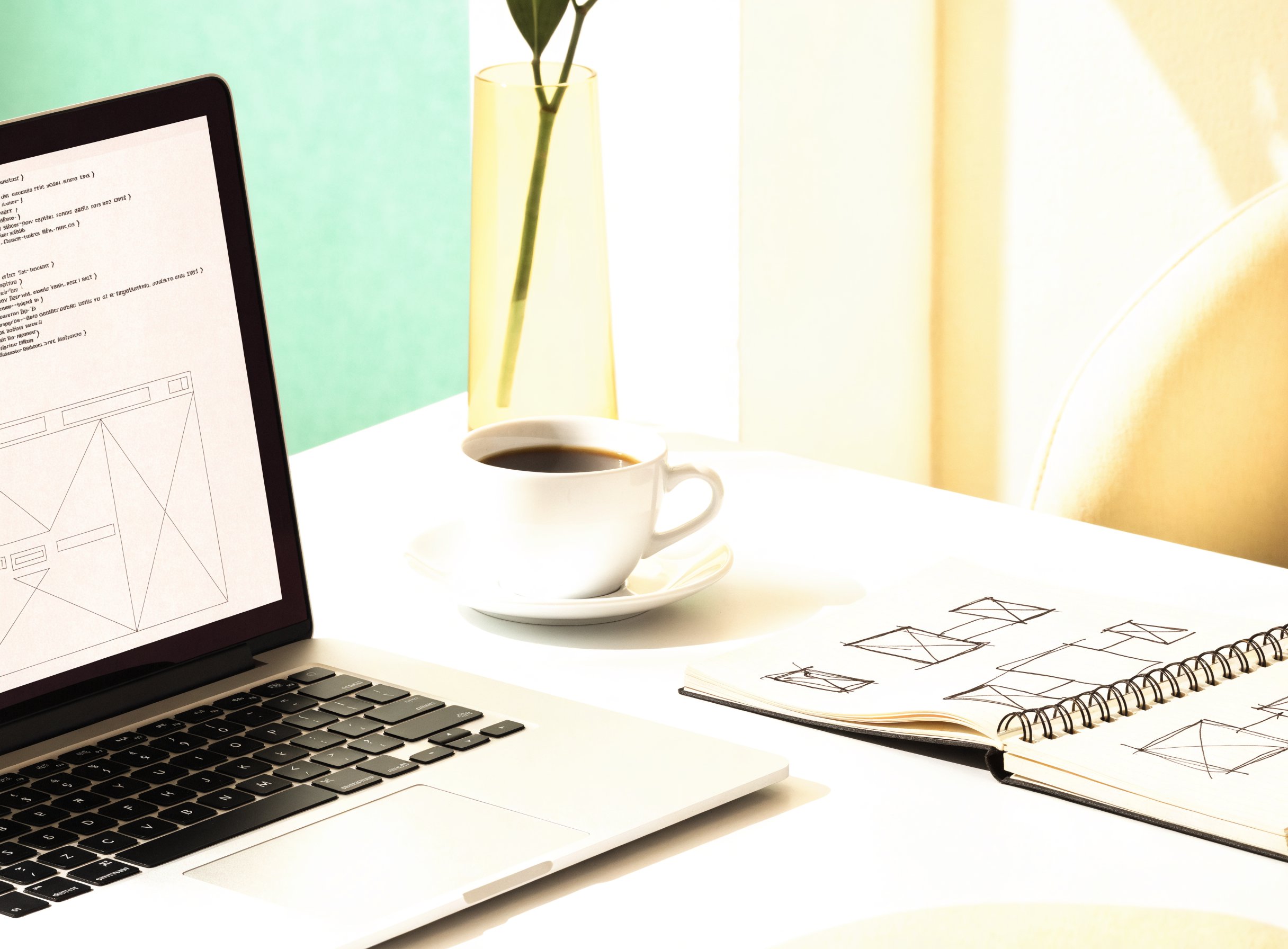 Professionele webontwikkelwerkplek met laptop en code